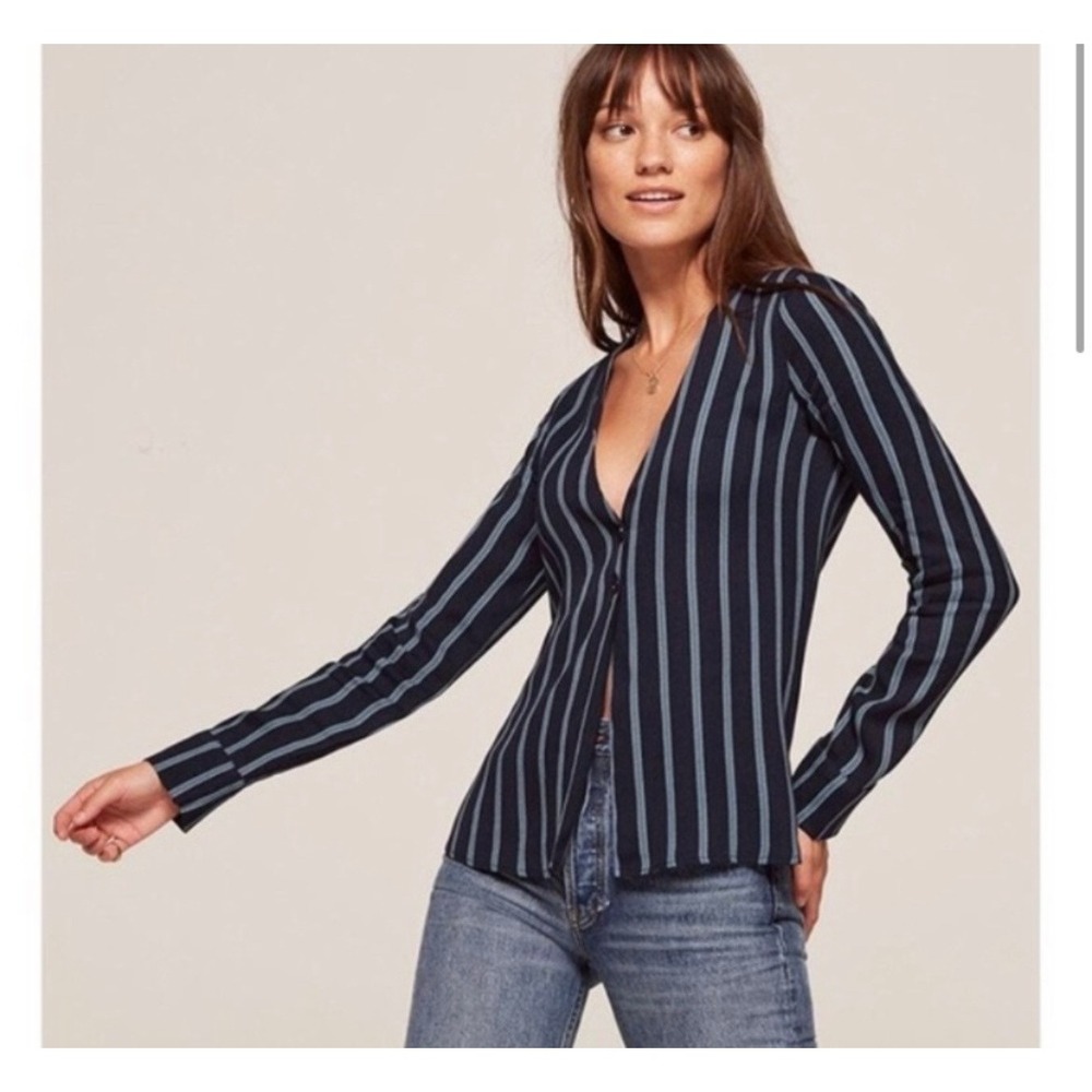 Reformation Risque Top Two Button Long Sleeve Sinatra Stripes Blue XS